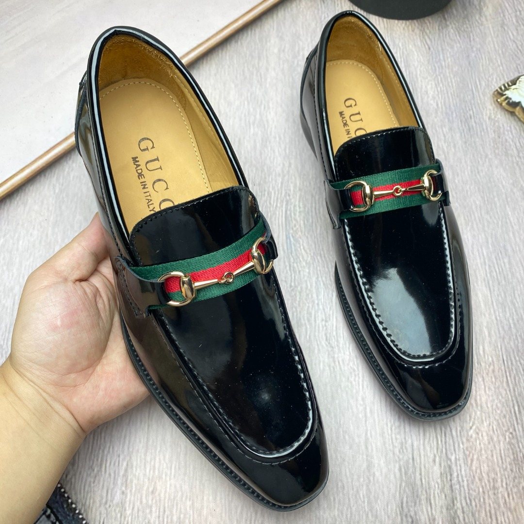 Gucci Black Patent Web Stripe Loafers