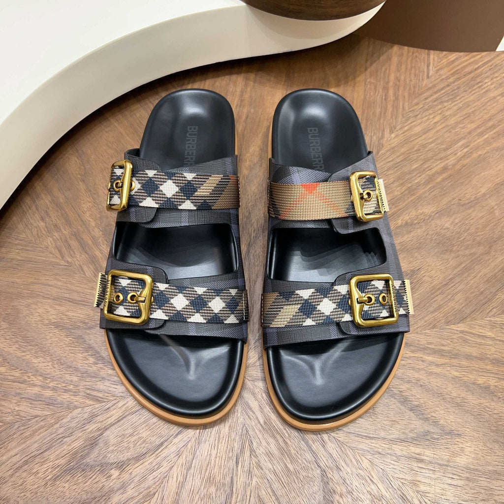 Burberry Black Plaid Two-Strap Slide Sandals
