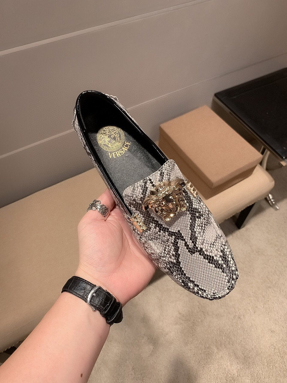 Versace Men's Gray Snakeskin Slip-On Loafers